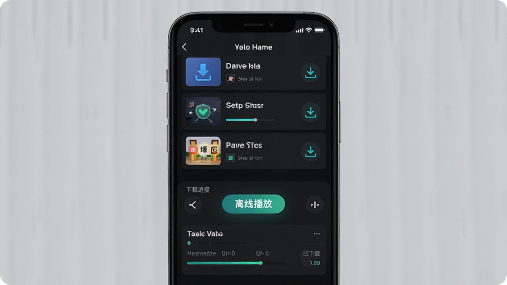 育启新网离线学习功能示意图,主体为手机屏幕中显示下载管理界面与离线播放按钮,布局为上下结构上方为课程列表下方为下载进度,排版清晰直观,风格为科技感深色模式,细节包括下载箭头图标、缓存进度条、已下载标识,画质高清,干净,无多余元素