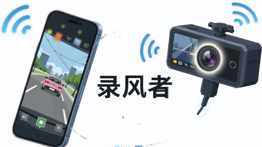 主体是一部智能手机和一台行车记录仪通过无线信号连接,布局为手机在左前方、记录仪在右后方,排版采用对角线构图,风格为科技感扁平插画,细节包含手机屏幕显示实时画面、记录仪镜头有光晕、周围环绕WiFi波纹图标,画质高清干净无多余元素,图片中央文字标注“录风者”