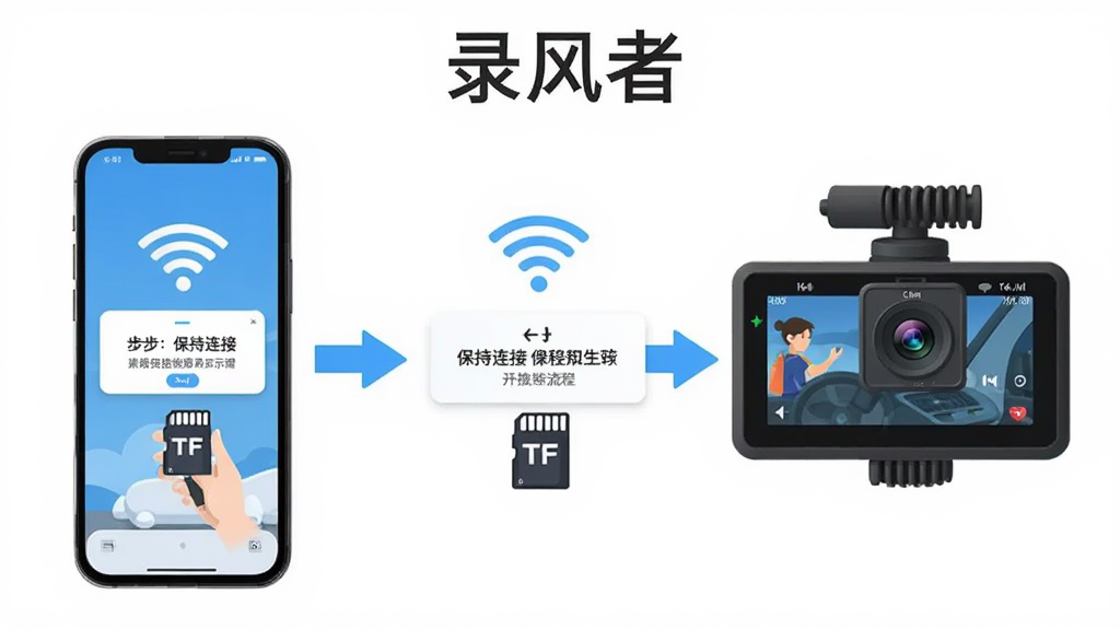 主体是手机与行车记录仪连接操作步骤示意图,布局为左侧手机、右侧记录仪、中间用箭头连接,排版为三步流程图,风格为扁平化教程插画,细节包含WiFi图标、保持连接弹窗、TF卡图标,画质高清干净无多余元素,图片上方文字“录风者”