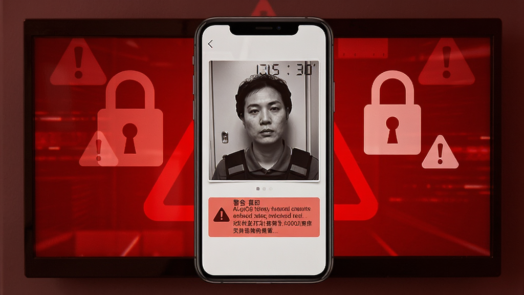 保密柜应用的安全警报界面截图,画面中手机屏幕显示一张抓拍照片和警告提示,背景为红色调警示风格,有锁形图标和感叹号元素,整体布局紧凑,风格严肃,画质清晰,干净无多余元素