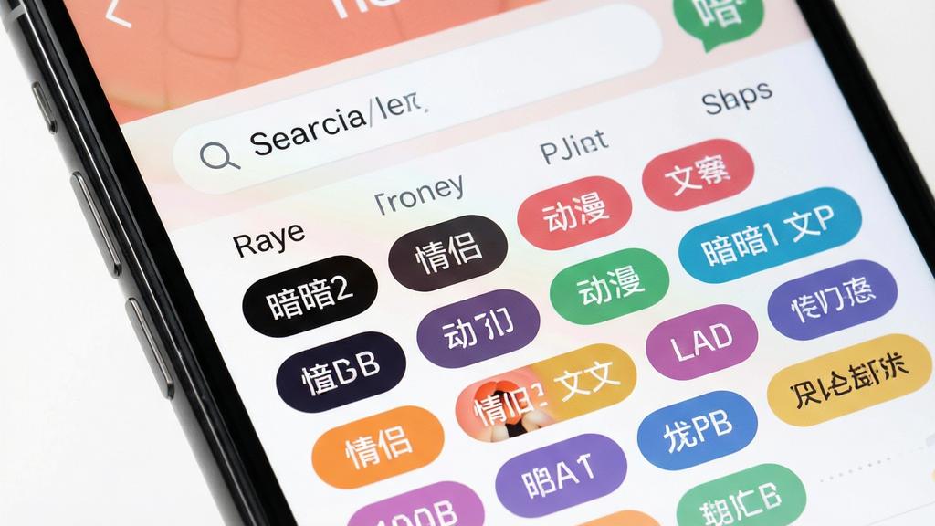 桃气壁纸 智能分类搜索界面 主体为手机屏幕特写 显示搜索框与分类标签云 布局采用上下结构 上方为搜索栏 下方为彩色标签排列 排版清晰直观 风格清爽干净 细节上标签包含治愈 暗黑 情侣 动漫 文字等字样 画质 高清 干净 无多余元素