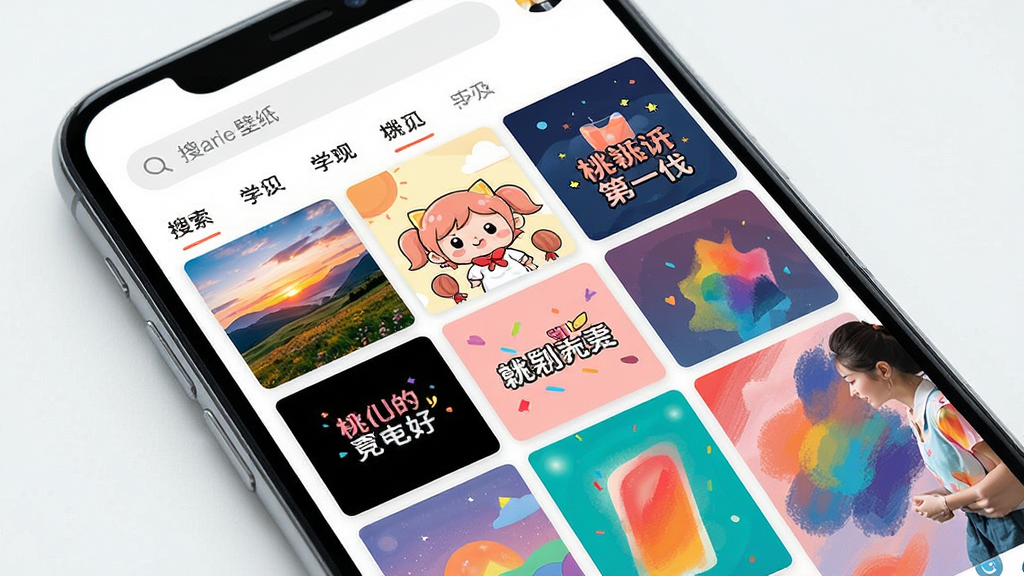 桃气壁纸 手机壁纸应用界面展示 主体为一部智能手机 屏幕中显示丰富多彩的壁纸缩略图 包含风景 卡通 文字 抽象等多种风格 布局采用网格排列 顶部有搜索栏和分类标签 整体排版清晰有序 风格清新明亮 细节上突出壁纸的高清画质与色彩饱和度 画质 高清 干净 无多余元素