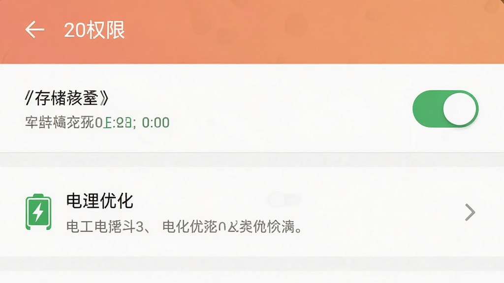 桃气壁纸 安卓手机安装权限设置界面 主体为手机系统设置页面 显示存储权限开关与电池优化选项 布局为列表形式 排版清晰 风格系统原生 细节上突出权限开关状态和提示文字 画质 高清 干净 无多余元素