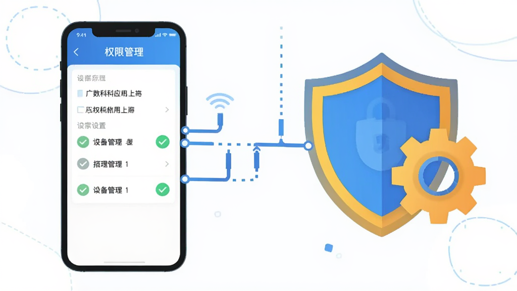 主体为广数科应用在手机上的安全设置界面与设备连接示意图,布局为左侧手机显示权限管理页面,右侧为盾牌与齿轮组合图标,排版为左右对照式,风格为扁平化安全主题插画,细节包含勾选标记与连接线,画质清晰,干净,无多余元素