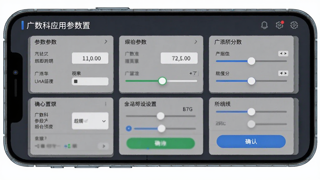 主体为广数科应用参数设置界面,布局为手机屏幕展示参数列表与滑块控件,排版为分组卡片式布局,风格为现代工业UI,细节包含数值输入框与确认按钮,画质清晰,干净,无多余元素
