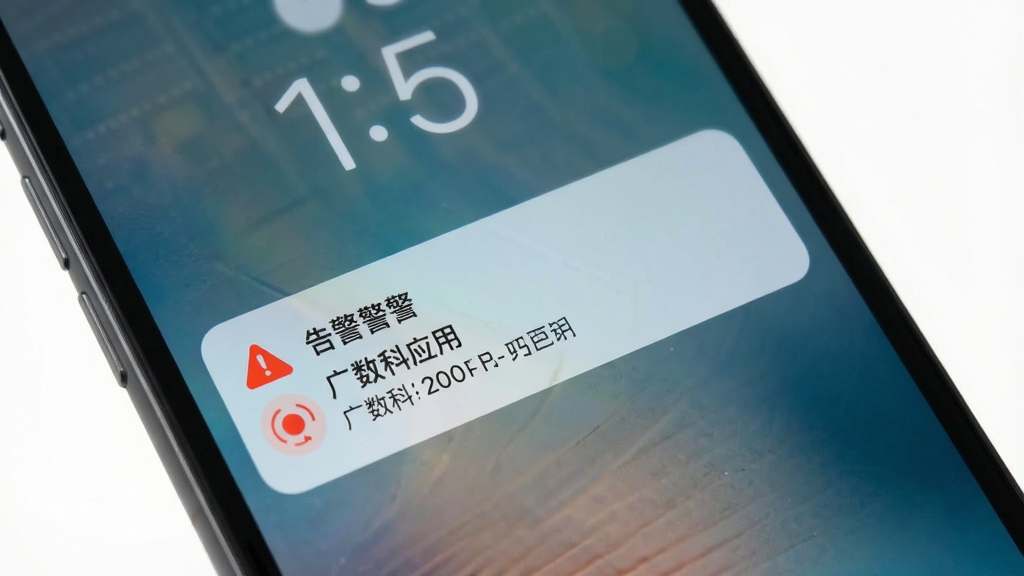 主体为广数科应用弹出告警通知的手机界面,布局为手机锁屏状态显示通知卡片,排版为居中突出通知内容,风格为写实UI风格,细节包含醒目的告警图标与设备名称文字,画质清晰,干净,无多余元素