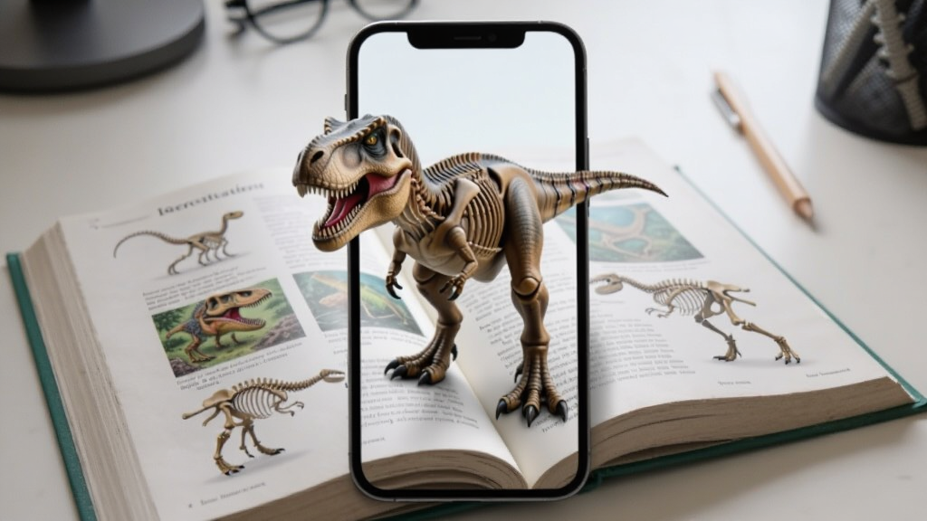 画面中央是一部智能手机,屏幕中显示着一只栩栩如生的3D霸王龙正站在一本打开的科普书上,恐龙骨骼与血肉细节清晰可见,背景是干净的书桌环境,光线明亮柔和,画面风格为写实科技感,构图采用中心对称,细节突出AR虚拟物体与现实书本的融合,画质清晰,无多余元素。