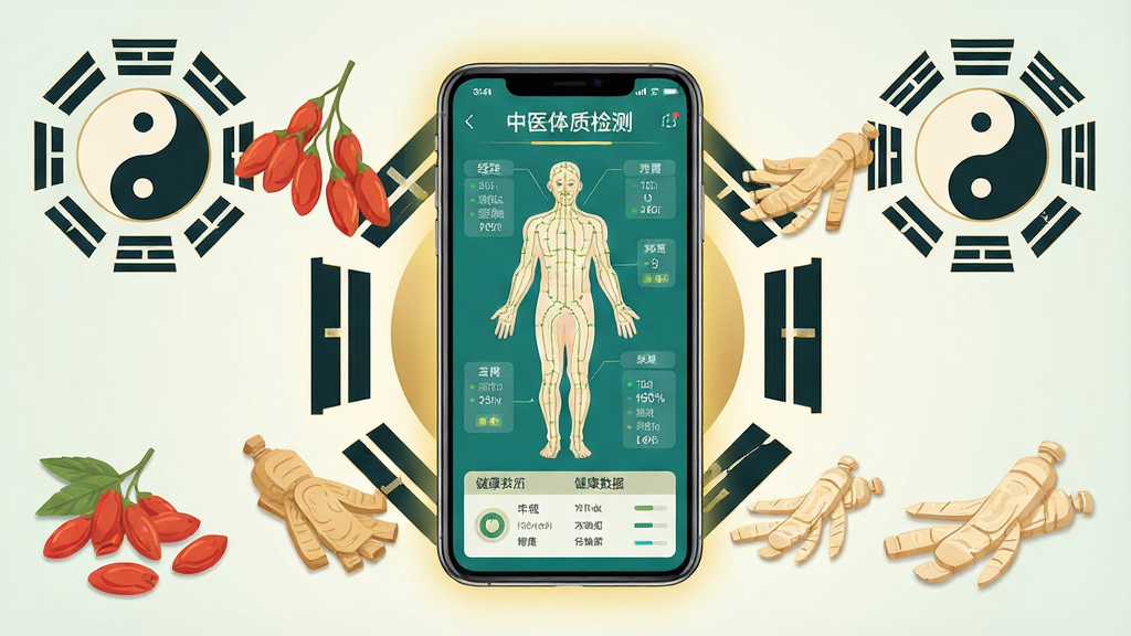 一幅展示数字中医软件界面的场景图,画面中央是一部智能手机,屏幕上显示着中医体质检测界面,包含人体经络图和健康数据面板。手机周围环绕着中药材如枸杞、当归、黄芪的插画元素,以及太极八卦图案。布局采用居中构图,手机为主体位于画面正中,药材和图案对称分布在两侧。风格为现代科技与中国传统医学融合的扁平化设计,色调以青绿色和米白色为主,辅以金色点缀。细节上手机屏幕有柔和光晕,背景为浅色渐变,画质清晰干净,无多余元素。
