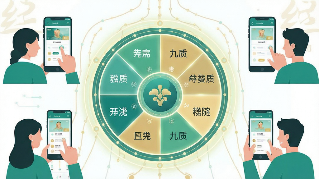 一幅展示数字中医体质辨识功能的宣传图,画面中央是一个发光的圆形体质分类盘,上面标注着九种体质名称,周围有用户使用手机进行测评的场景插画。布局以圆形体质盘为中心,手机和人物插画环绕四周。风格为科技感与中医元素结合的扁平插画风,色调以青绿、淡金和白色为主。细节上体质盘有光效,背景有淡淡的经络线条,画质清晰干净,无多余元素。