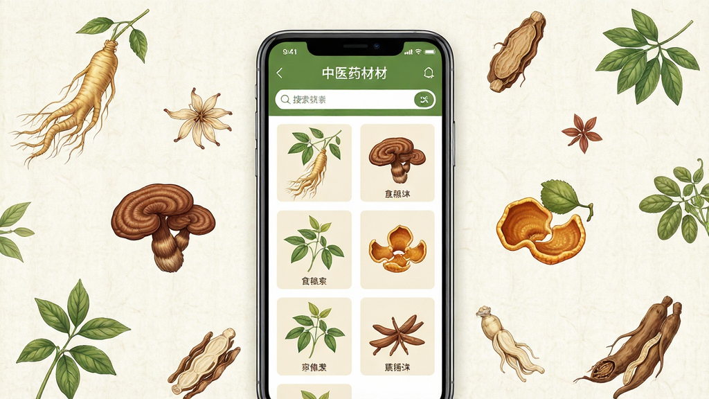 一幅展示数字中医药材查询功能的界面图,画面中央是一部手机,屏幕上显示着中药材搜索结果列表,每味药材配有精致的植物插画图标如人参、灵芝、陈皮等。布局采用手机居中,周围漂浮着各种药材的插画元素。风格为清新自然的中医草本风格,色调以草绿、米黄和棕色为主。细节上药材插画细腻写实,手机界面清晰,背景为淡雅的宣纸纹理,画质干净,无多余元素。