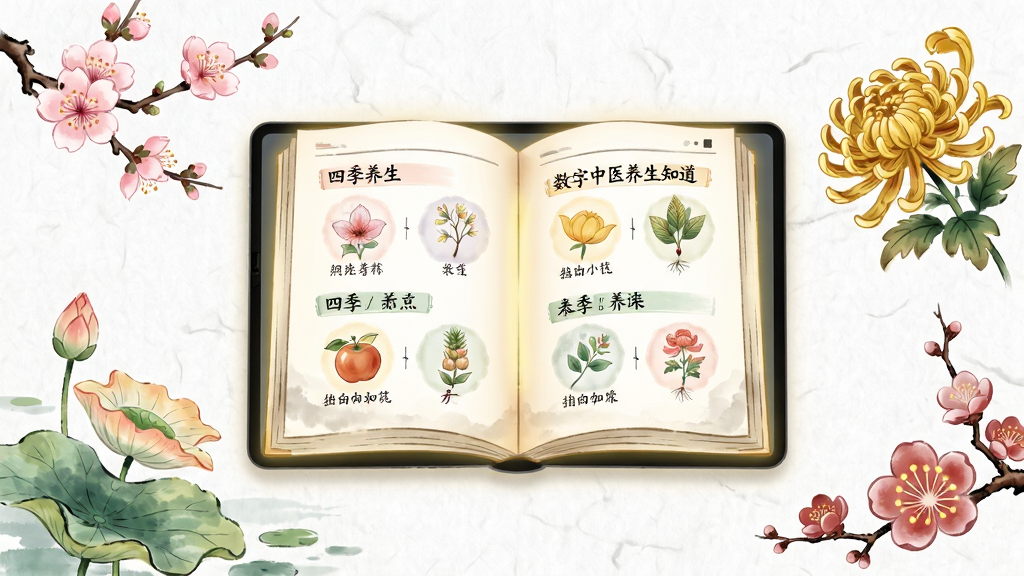 一幅展示数字中医养生知识板块的配图,画面中央是一本展开的电子书或手机屏幕,显示着四季养生图文内容,周围有春夏秋冬的意象元素如桃花、荷叶、菊花、梅花。布局以屏幕为中心,四季元素分布在四角。风格为中国风手绘插画,色调以淡彩水墨色为主。细节上书页有微光,四季元素精致,背景为留白宣纸质感,画质干净,无多余元素。