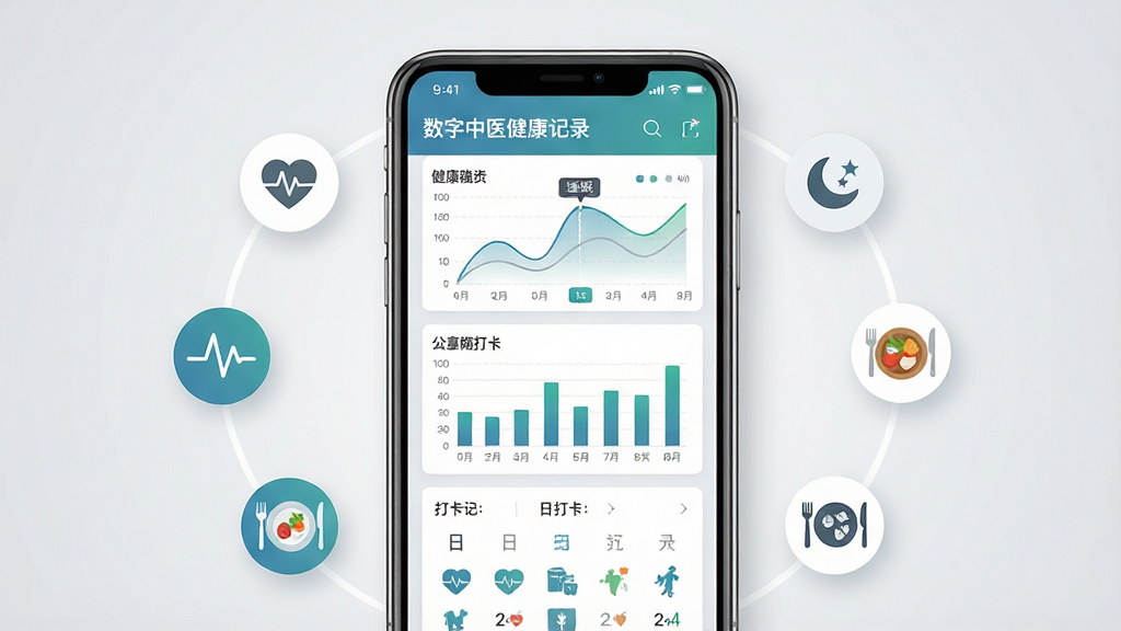 一幅展示数字中医健康记录功能的界面图,画面中央是一部手机,屏幕上显示着健康数据图表如折线图、柱状图和日历打卡记录。布局手机居中,周围有代表健康数据的小图标如心率、睡眠、饮食等环绕。风格为现代简约的数据可视化风格,色调以蓝绿、浅灰和白色为主。细节上图表清晰有层次,手机界面整洁,背景为淡灰色渐变,画质干净,无多余元素。