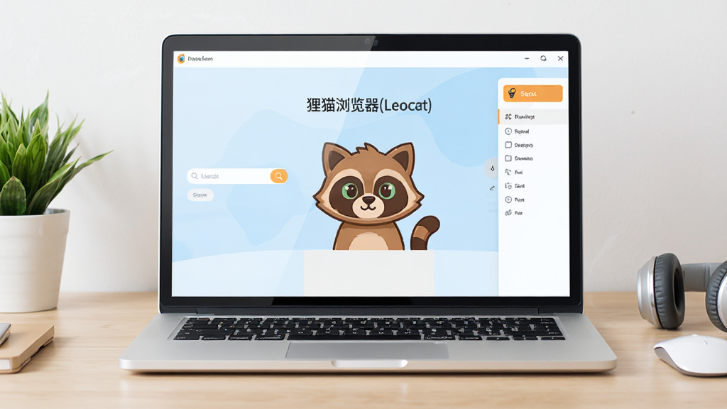 一台简洁的笔记本电脑放置在浅色木质桌面上,屏幕中显示“狸猫浏览器(Leocat)”的启动界面,界面中央有一只可爱的卡通狸猫图标,两侧是搜索框与常用网址导航;整体布局采用居中对称构图,排版干净留白充足;风格为现代扁平插画,色调以浅蓝、白色与暖橙点缀;细节包括屏幕反光、桌面绿植、鼠标与耳机;画质高清,干净,无多余元素
