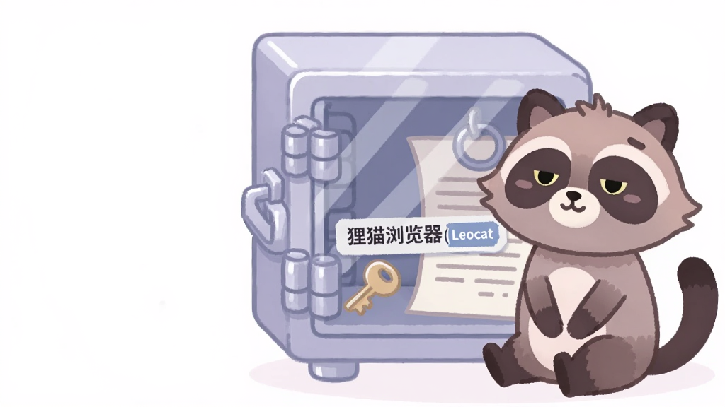 一只卡通狸猫坐在一个透明的保险箱旁,保险箱内有一把钥匙和一份文件,保险箱上贴着“狸猫浏览器(Leocat)”标签;主体位于画面右侧,左侧留白;风格为柔和扁平插画,色调为浅紫与白色;细节有保险箱金属质感、狸猫安心的表情;画质高清,干净,无多余元素