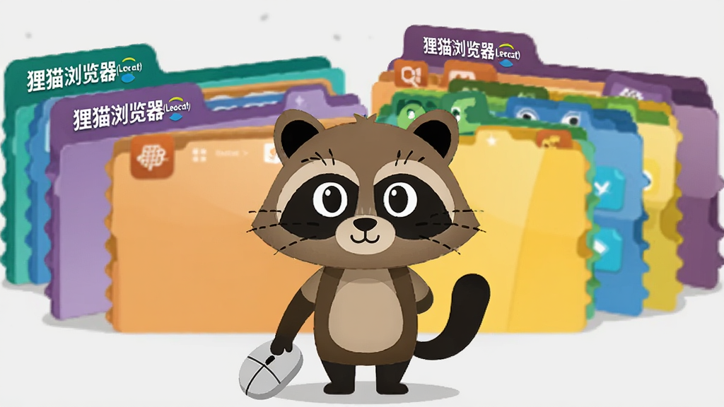 一只卡通狸猫站在一排彩色标签页前,标签页像文件夹一样展开,每个标签页上写着“狸猫浏览器(Leocat)”的不同功能图标;主体居中,背景为浅灰色;风格为扁平商务插画;细节包括标签页的层次感、狸猫手持鼠标;画质高清,干净,无多余元素
