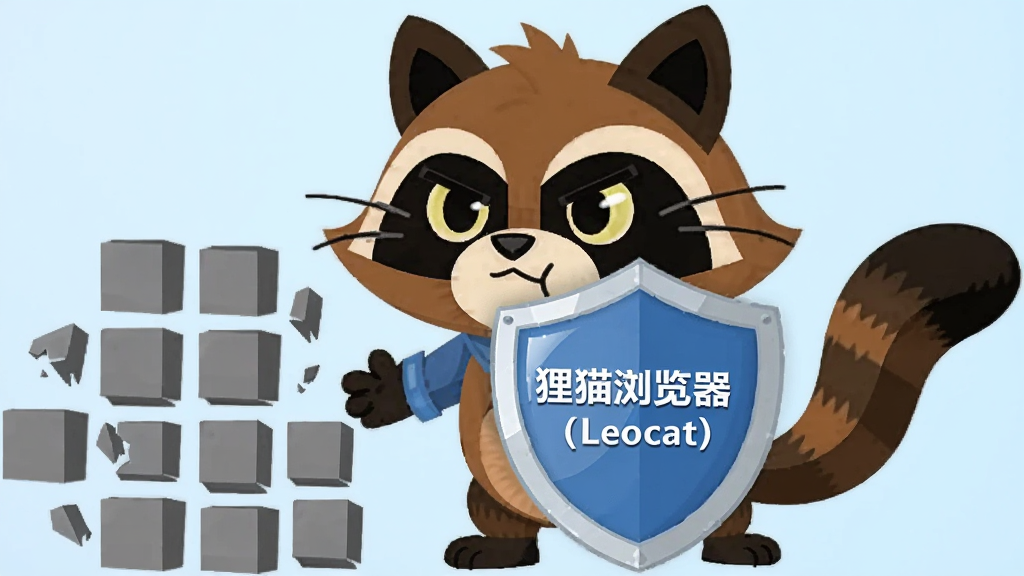 一只卡通狸猫手持一面盾牌,盾牌上写着“狸猫浏览器(Leocat)”,盾牌前方是一些被挡住的灰色小方块代表广告;主体居中,背景为浅蓝色渐变;风格为扁平科技插画;细节包括盾牌光泽、狸猫坚定的表情、灰色方块的破碎感;画质高清,干净,无多余元素