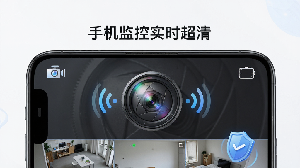 主体是一部智能手机屏幕显示超清监控画面与摄像头图标,布局为居中构图上下分区,排版上软件名称“手机监控实时超清”置于画面顶部居中位置,风格为现代科技简约风,细节包含镜头光圈、实时画面窗口、连接信号波纹、盾牌安全标识等元素,画质高清干净无多余元素