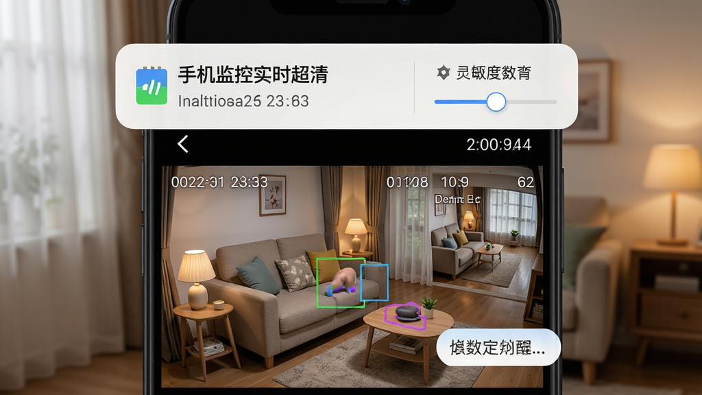 主体是手机界面弹出动态侦测提醒与监控画面缩略图,布局为上下结构上方为提醒横幅下方为实时画面,排版上软件名称“手机监控实时超清”显示于提醒横幅左侧,风格为居家温馨写实风,细节包含移动物体高亮框、时间记录、灵敏度调节滑块、消息气泡等元素,画质高清干净无多余元素