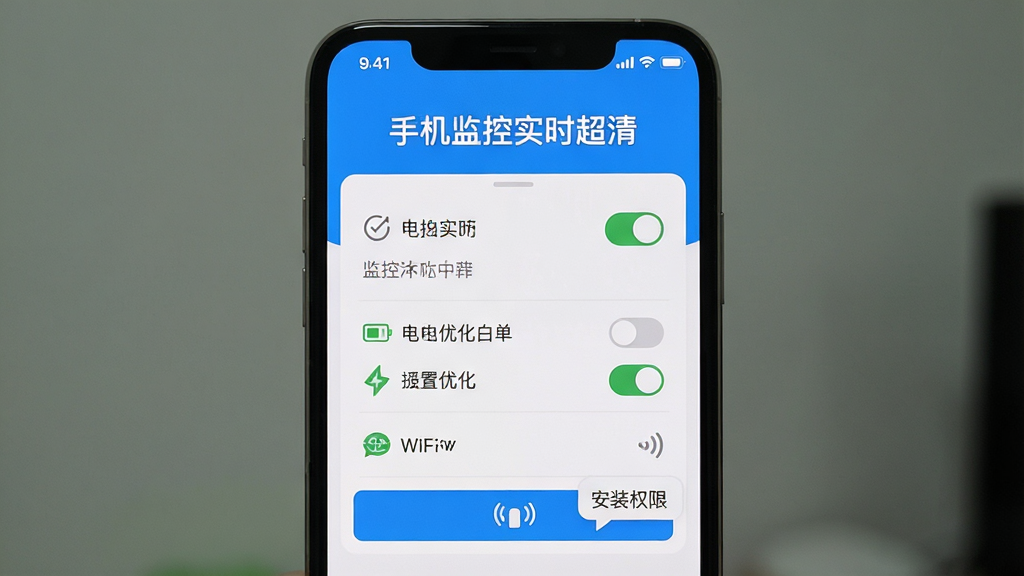 主体是手机监控实时超清软件在旧手机上的安装权限设置界面,布局为竖屏手机界面居中展示,排版上软件名称“手机监控实时超清”出现在界面顶部,风格为清新扁平化教程风,细节包含权限开关图标、电池优化白名单、WiFi信号标识、提示气泡等元素,画质清晰干净无多余元素