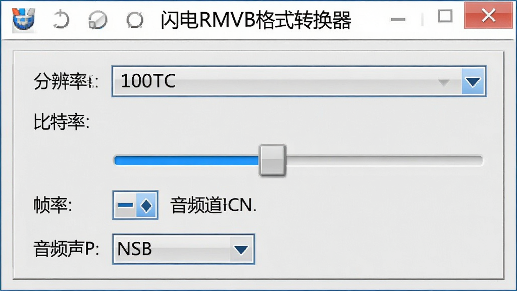 一张软件参数设置面板的特写图,画面中显示分辨率下拉菜单、比特率滑块、帧率选项、音频声道选择等控件,面板上方有“闪电RMVB格式转换器”标题,界面风格简洁专业,控件排列整齐,颜色以灰白蓝为主,细节丰富,画质高清,干净无多余元素