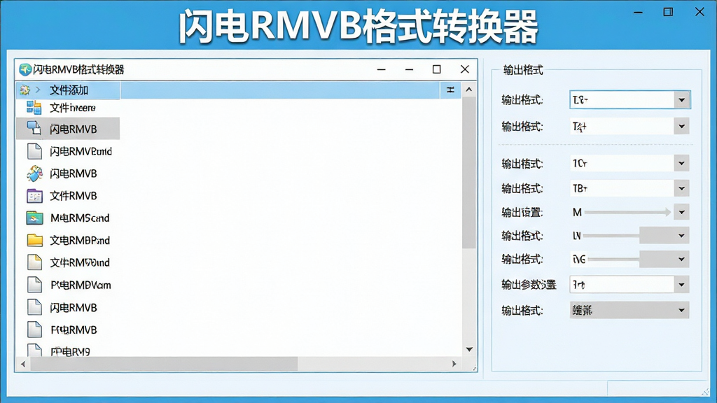 一张干净整洁的软件界面展示图,画面中央是“闪电RMVB格式转换器”的主窗口,左侧为文件添加列表区域,右侧为输出格式与参数设置面板,顶部有醒目的软件名称“闪电RMVB格式转换器”标识,界面采用浅蓝色与白色搭配的清爽风格,整体布局对称有序,细节清晰,UI元素边缘锐利,画质高清,干净无多余元素,适合作为软件下载站预览图