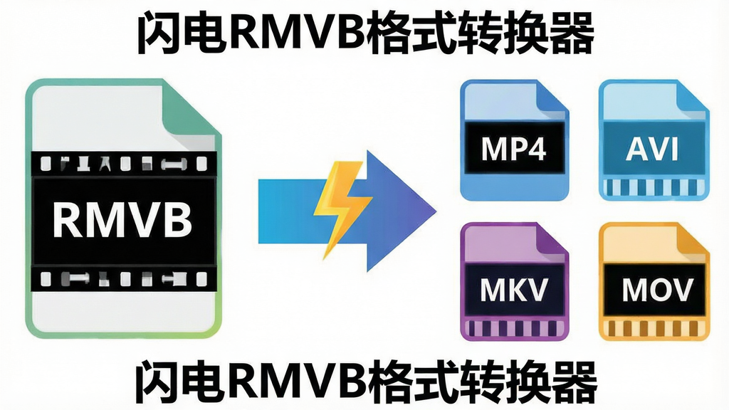 一张展示视频格式转换流程的示意图,画面左侧是标有“RMVB”字样的视频文件图标,中间是带有闪电标志的转换箭头,右侧依次排列着“MP4”“AVI”“MKV”“MOV”等格式图标,整体风格扁平化,色彩明亮,布局为横向排列,细节清晰,画质干净,无多余元素,画面中带有“闪电RMVB格式转换器”文字标识
