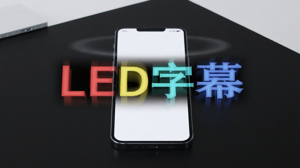 主体是一块发光的手机屏幕,屏幕上显示着彩色滚动文字“LED字幕”,布局为手机居中放在深色桌面上,排版简洁,风格为科技感产品展示图,细节包含屏幕光晕、文字拖影效果,画质高清、干净、无多余元素