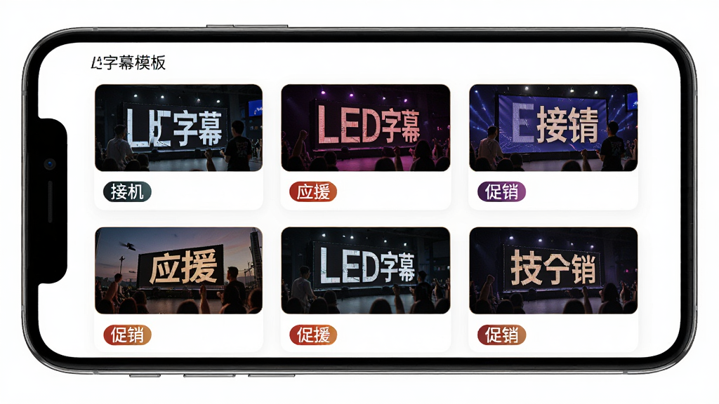主体是手机屏幕展示“LED字幕”模板列表,布局为网格排列多个场景缩略图,排版清晰,风格为卡片式设计,细节包含接机、应援、促销等标签,画质高清、干净、无多余元素