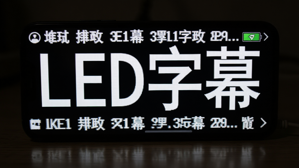 主体是手机显示“LED字幕”滚动文字,布局为手机侧放于桌面,排版为全屏文字,风格为暗光环境实拍感,细节包含屏幕亮度与省电图标,画质高清、干净、无多余元素