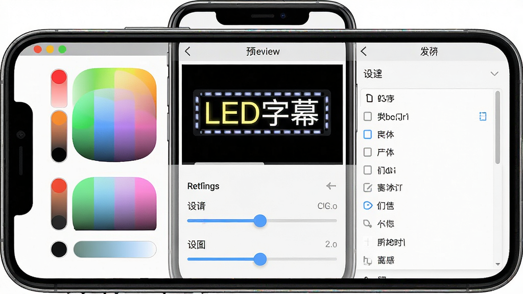 主体是手机屏幕显示“LED字幕”软件界面,布局为上方预览区下方设置滑块,排版整齐,风格为扁平化UI设计,细节包含颜色选择器与字体列表,画质高清、干净、无多余元素