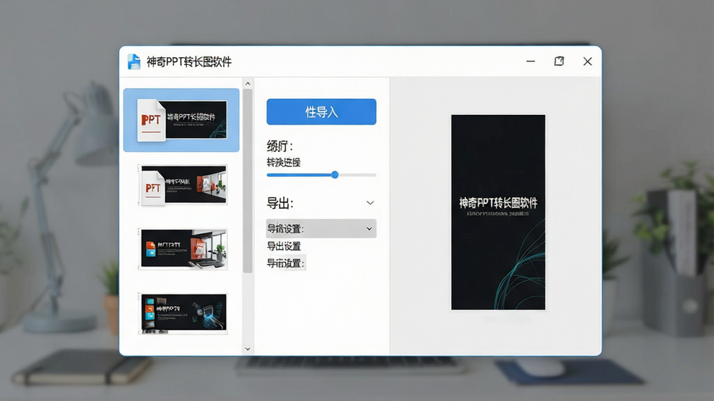 一张干净的软件界面展示图,画面中央是“神奇PPT转长图软件”的主操作窗口,左侧显示PPT文件缩略图列表,右侧是长图预览区域,整体布局清晰,排版简洁,风格为现代办公软件UI,细节包含文件导入按钮、转换进度条、导出设置选项,画质高清,画面干净,无多余元素