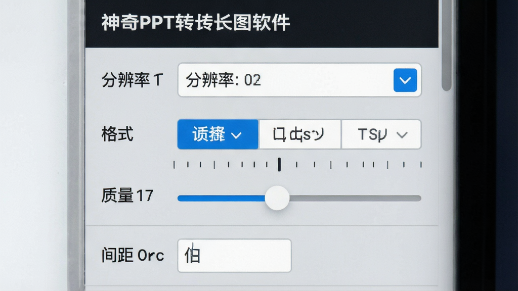 一张“神奇PPT转长图软件”参数设置面板的特写图,面板中包含分辨率下拉菜单、格式选择按钮、质量滑动条、间距输入框等控件,排版为纵向列表形式,风格为现代扁平化UI,细节包含数值刻度与选项标签,画质高清,画面干净,无多余元素