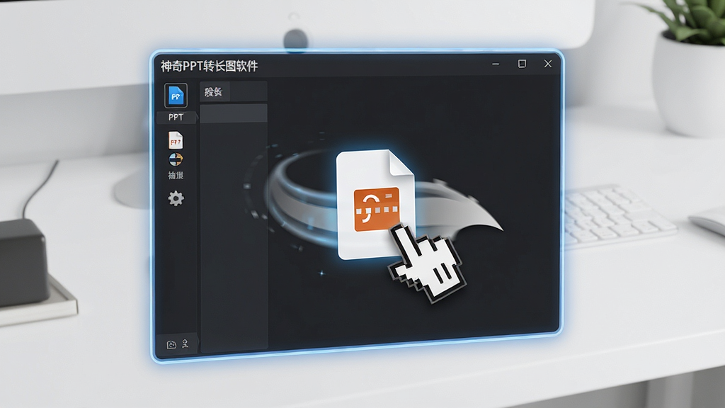 一张展示用户将PPT文件拖入“神奇PPT转长图软件”窗口的操作示意图,画面中包含一只手形光标拖拽文件图标进入软件界面的动态效果,背景为简洁的桌面环境,风格为写实科技风,细节包含文件拖拽轨迹与软件窗口高亮边框,画质高清,画面干净,无多余元素