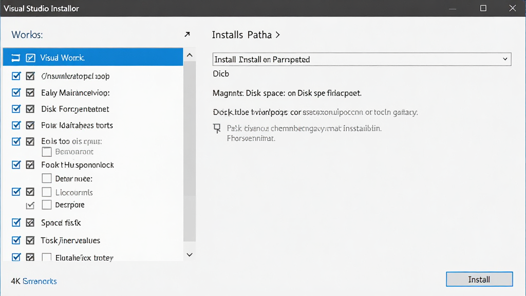 Visual Studio ��װ�����棬����Ϊ��װ���򴰿ڣ�����Ϊ��๤�������б����Ҳలװ·��ѡ���Ű�������������Ѻã�ϸ�ڰ�����ѡ�򡢴��̿ռ���ʾ�Ͱ�װ��ť������ 4K ���壬�ɾ����޶���Ԫ��