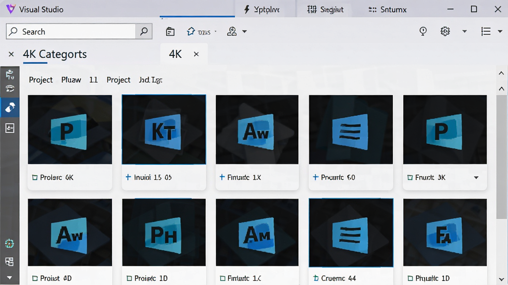Visual Studio �½���Ŀģ��ѡ����棬����Ϊ��Ŀģ��ⴰ�ڣ�����Ϊ����Ƭʽ���У��Ű���ÿ����Ƭ����ͼ������ƣ�����ִ����£�ϸ�ڰ���������ͷ����ǩ������ 4K ���壬�ɾ����޶���Ԫ��