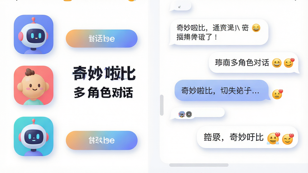 一个明亮的虚拟聊天界面,左侧排列着五个不同造型的AI角色头像,右侧是展开的对话气泡,气泡中包含文字和表情符号,整体布局为左右分栏,风格为扁平化UI设计,细节包括圆角图标、渐变按钮和柔和的阴影,画面中文字标注“奇妙啦比”和“多角色对话”,画质为高清,干净整洁,无多余元素