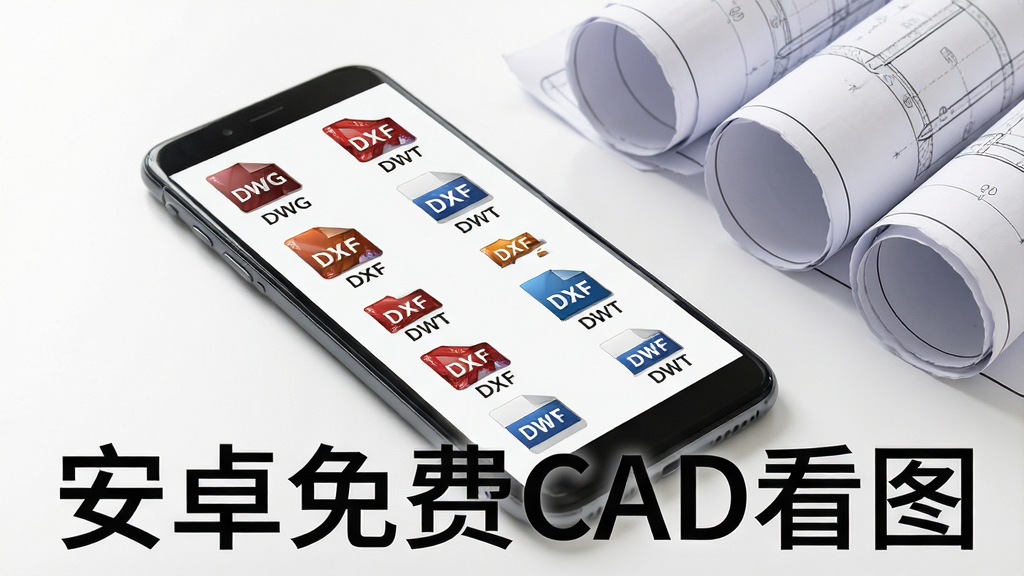 一部手机屏幕中同时展示多个CAD文件图标,文件格式标注为DWG、DXF、DWT,图标排列整齐,背景为白色工作台面,手机平放,旁边散落几卷工程图纸,风格为写实商务风,画质清晰,干净无多余元素,画面中标注文字“安卓免费CAD看图”。