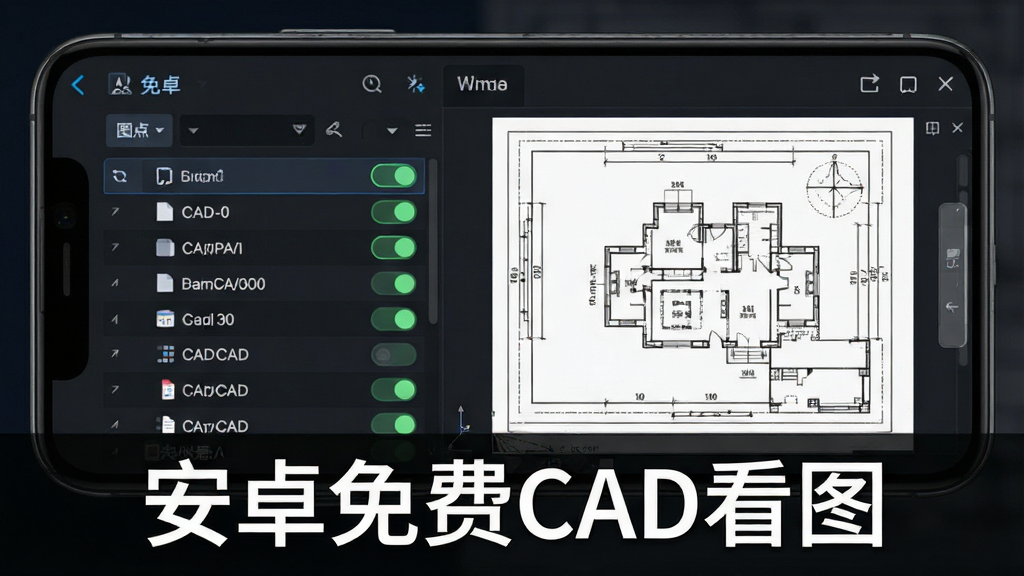 手机屏幕显示CAD图层管理面板,左侧为图层列表,右侧为图纸预览,图层开关按钮清晰可见,界面配色为深色模式,风格为科技感UI展示,画质清晰,干净无多余元素,画面中标注“安卓免费CAD看图”。