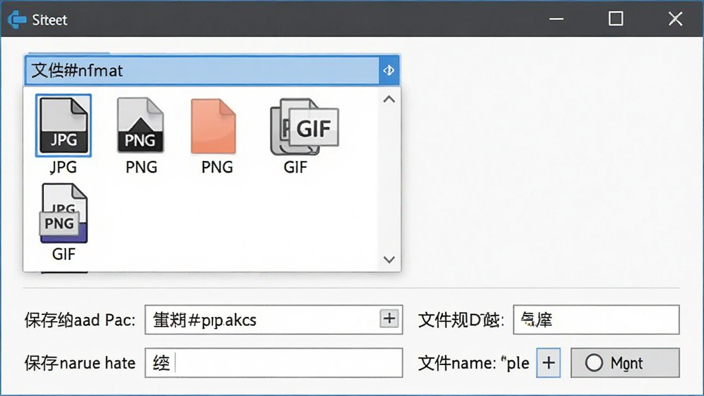 一张展示下图高手多格式保存功能的图片,画面中软件界面显示文件格式选择下拉菜单,旁边列出JPG、PNG、GIF等格式图标,下方有保存路径设置和文件名规则选项,风格为电脑软件设置界面,细节包括格式图标和选项按钮,画质清晰干净,无多余元素