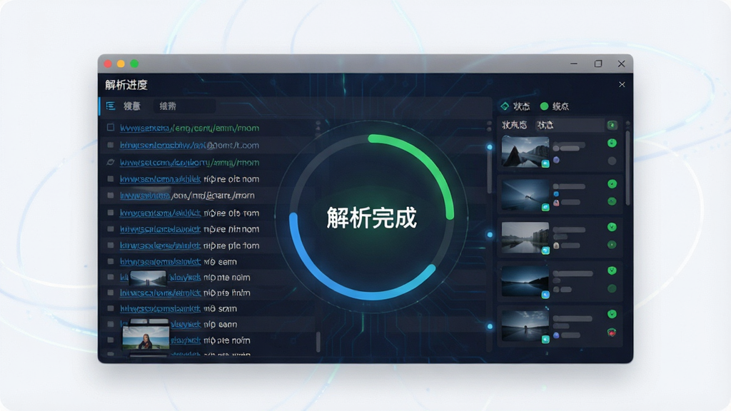 一张展示下图高手智能链接解析功能的图片,画面中软件界面显示解析进度动画,多个图片链接正在被自动识别和提取,界面中央有