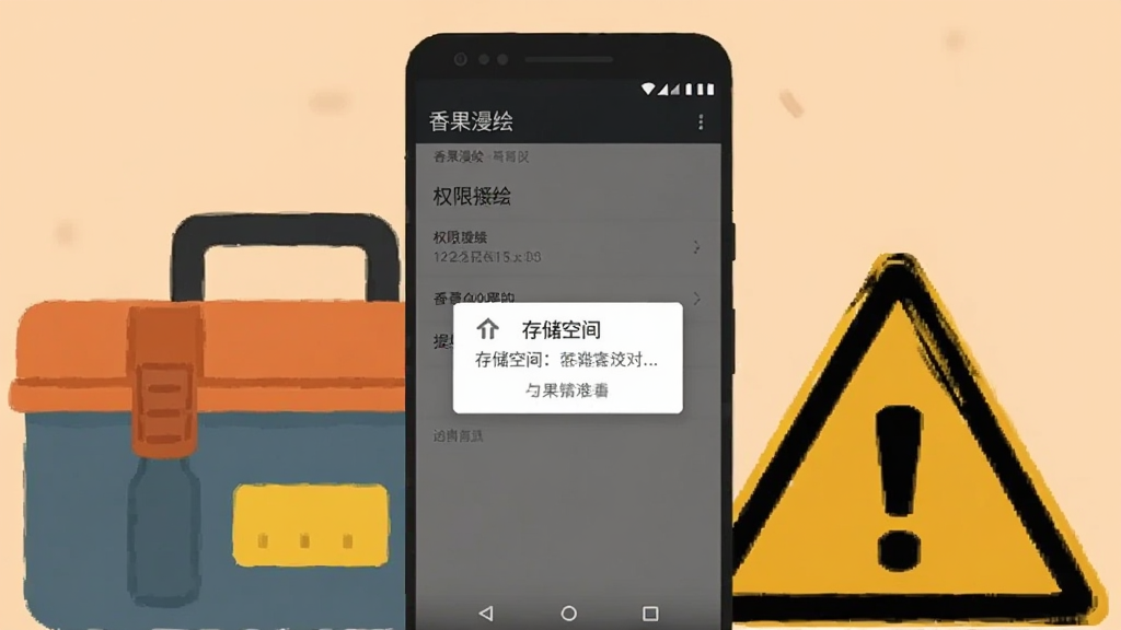 画面展示一部安卓手机屏幕,屏幕上显示香果漫绘的权限设置界面与存储空间提示弹窗,手机旁边放置一个工具箱与警示标志,背景为浅橙色,整体风格扁平化插画,画质清晰,干净整洁,无多余元素,屏幕上方显示文字
