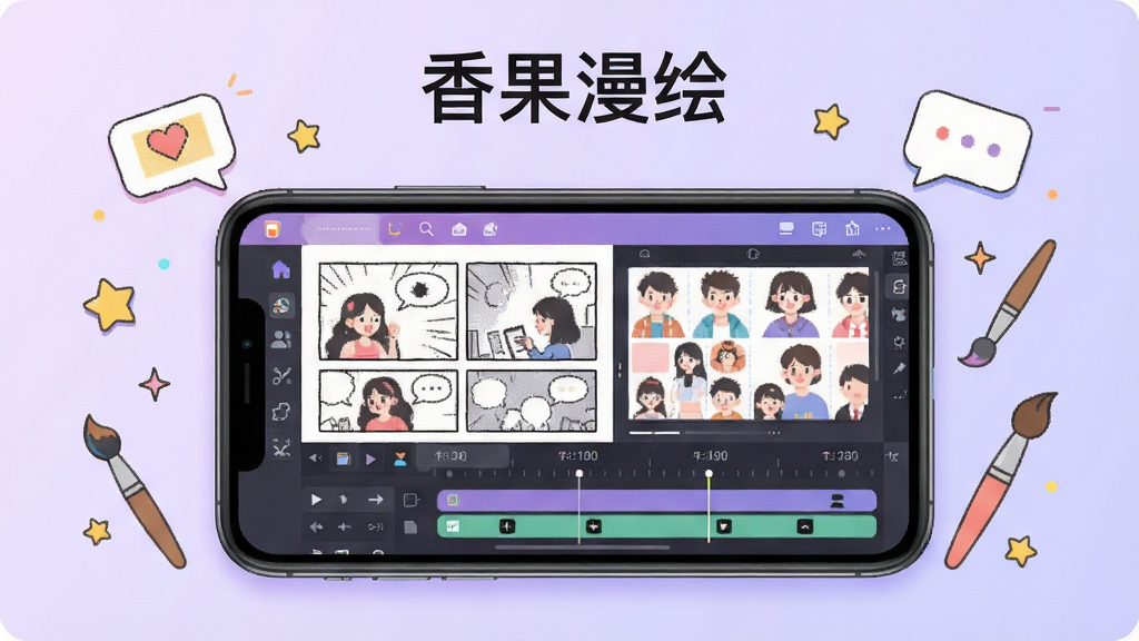 画面中央展示一部智能手机,手机屏幕内呈现香果漫绘软件的创作界面,包含漫画分镜格子、角色素材栏与时间轴轨道,背景为柔和的浅紫色渐变,四周漂浮着漫画气泡、画笔与星星元素,整体风格清新明快,采用扁平化插画风格,细节丰富,画质清晰,干净整洁,无多余元素,画面上方居中显示文字