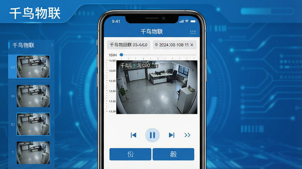 一张展示千鸟物联历史录像回放功能的界面图,画面中央是手机屏幕,屏幕上显示着千鸟物联APP的录像回放界面,有时间轴、日期选择器、播放控制按钮,画面中显示着一段清晰的监控录像,背景是简洁的科技蓝风格,细节包括时间刻度、录像片段缩略图、操作按钮,画质高清,干净整洁,无多余元素,图片中文字为“千鸟物联”。