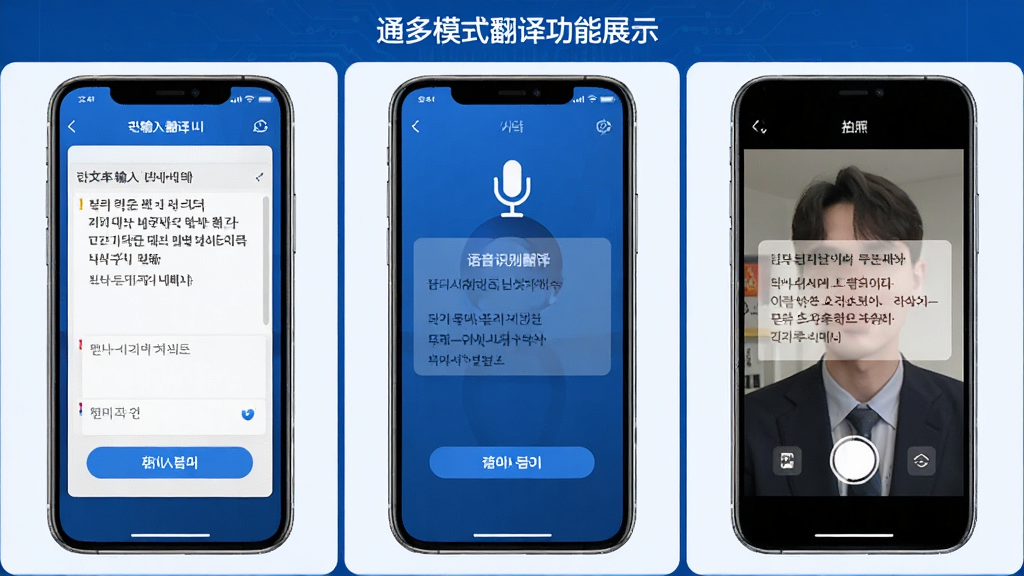 韩语翻译通多模式翻译功能展示,画面分为三个区域,左侧为文本输入翻译界面,中间为语音识别翻译界面,右侧为拍照翻译界面,每个区域都展示对应的操作图标和翻译结果示例,整体布局清晰,风格统一为科技蓝,画质细腻,干净无多余元素