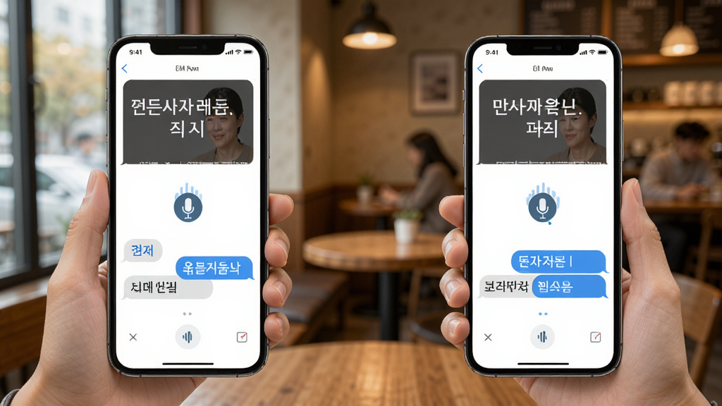 韩语翻译通实时语音对话界面,两位用户面对面使用手机进行中韩对话,手机屏幕显示双语对话气泡,上方为韩语翻译结果,下方为中文翻译结果,界面中间有麦克风波动图标,背景为温馨的咖啡厅场景,风格写实,画质清晰,干净无多余元素