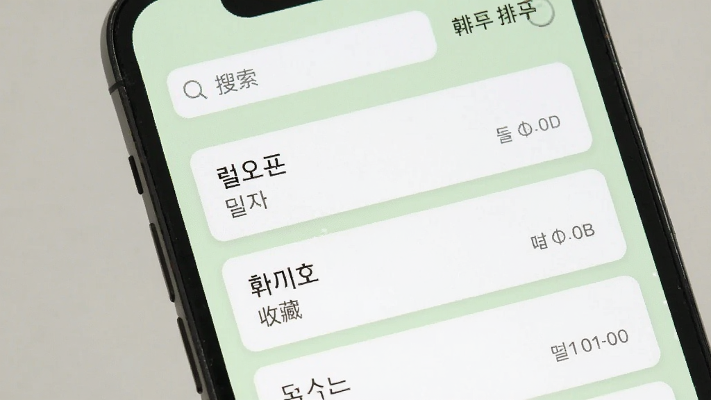 韩语翻译通生词本功能界面,手机屏幕显示生词列表,每个词条包含韩语单词、中文释义和收藏时间,顶部有搜索框和排序选项,界面风格清新简约,背景为浅绿色,配以卡片式布局,画质清晰,干净无多余元素