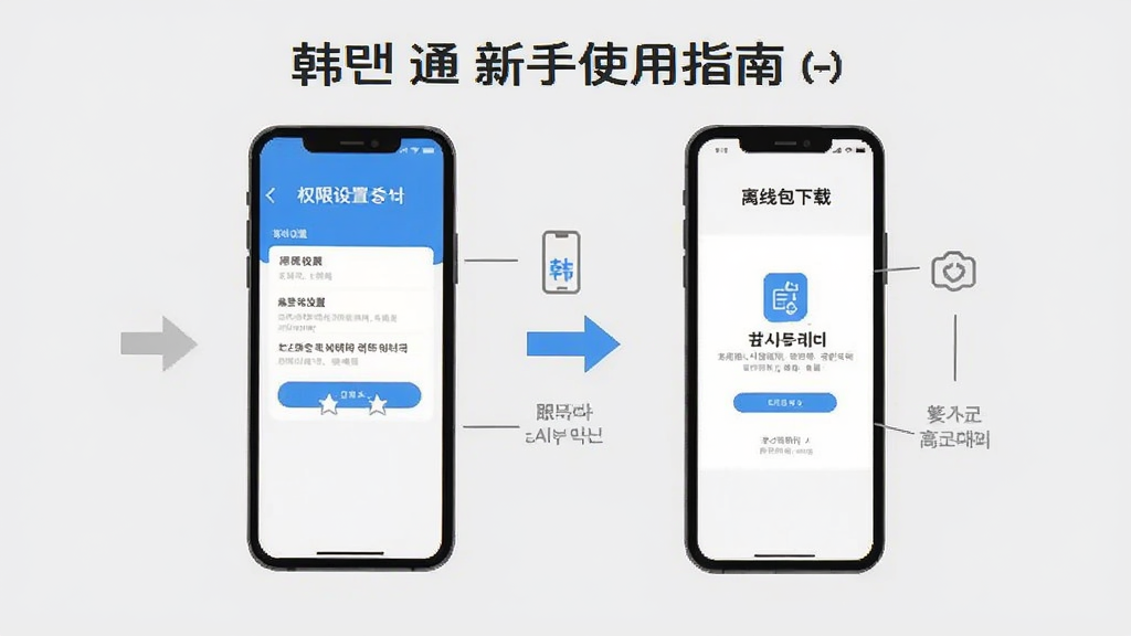 韩语翻译通新手使用指南示意图,手机屏幕显示权限设置页面和离线包下载页面,旁边有箭头指示操作步骤,背景为浅灰色,配以简洁的图标和文字说明,风格扁平化,画质清晰,干净无多余元素