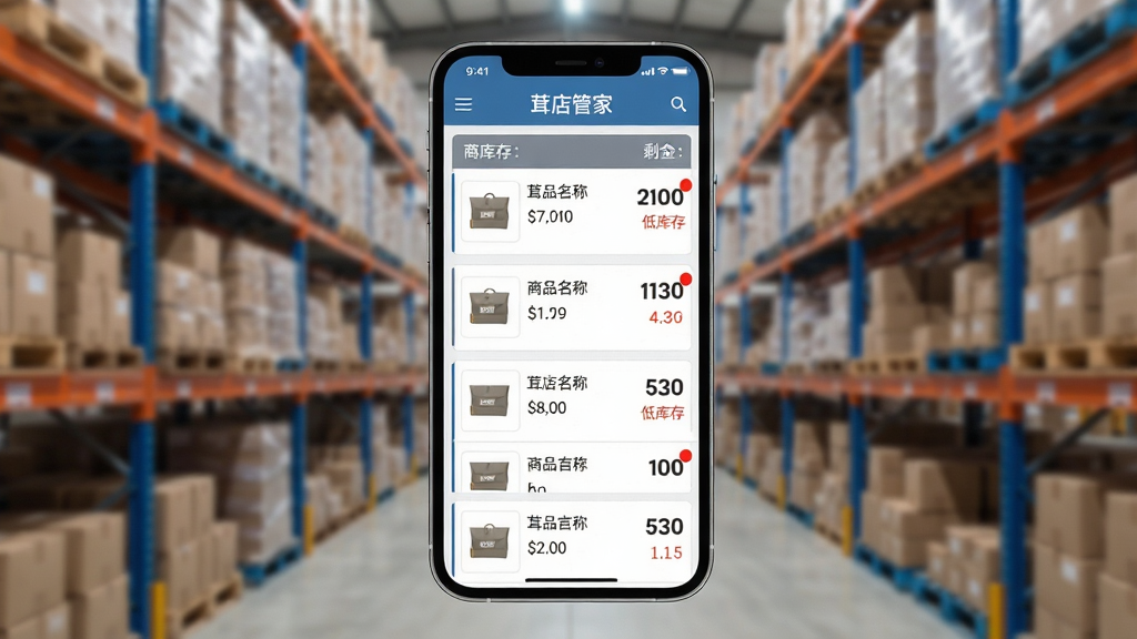茸店管家库存管理页面展示,画面中央手机屏幕显示商品库存列表,包含商品图片、名称、剩余数量,部分商品标有低库存红色提醒;背景为仓库货架虚化;布局居中,手机竖屏;风格清爽商务,蓝灰配色;细节上表格线条清晰,数字醒目;画质高清,干净,无多余元素