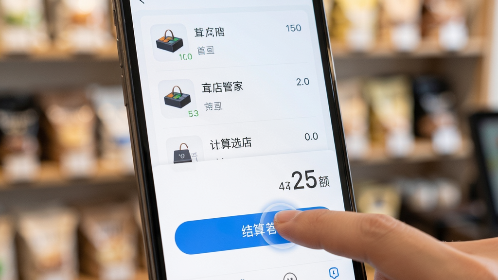 茸店管家移动收银界面特写,画面主体为手机屏幕,显示商品选择列表与结算金额,手指正在点击结算按钮;布局采用近景特写,手机居中;风格现代简约,光线柔和;细节上屏幕内数字清晰,按钮有按压反馈感,背景虚化显示店铺货架;画质高清,干净,无多余元素