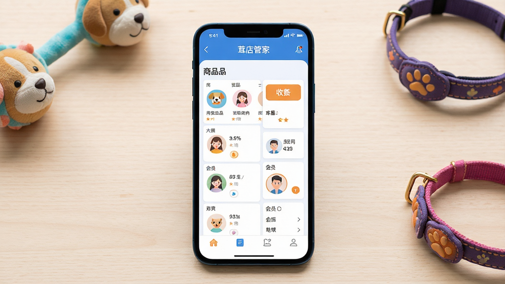 茸店管家手机应用主界面展示,画面中央是一部竖屏智能手机,屏幕内显示宠物店铺管理后台首页,包含商品列表、收银按钮、库存数量、会员头像等模块;背景为浅色木质桌面,旁边摆放宠物玩具和项圈作为点缀;布局采用居中构图,手机略微倾斜;风格清新明亮,扁平化UI设计;细节上屏幕内文字清晰,图标圆润,整体色调以蓝白为主,辅以暖橙色点缀;画质高清,干净整洁,无多余元素